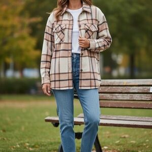 RSQ Cream and Brown Plaid Pea Coat